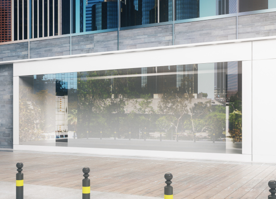 Side view of empty glass storefront in daylight. Advertisement concept. Mock up, 3D Rendering